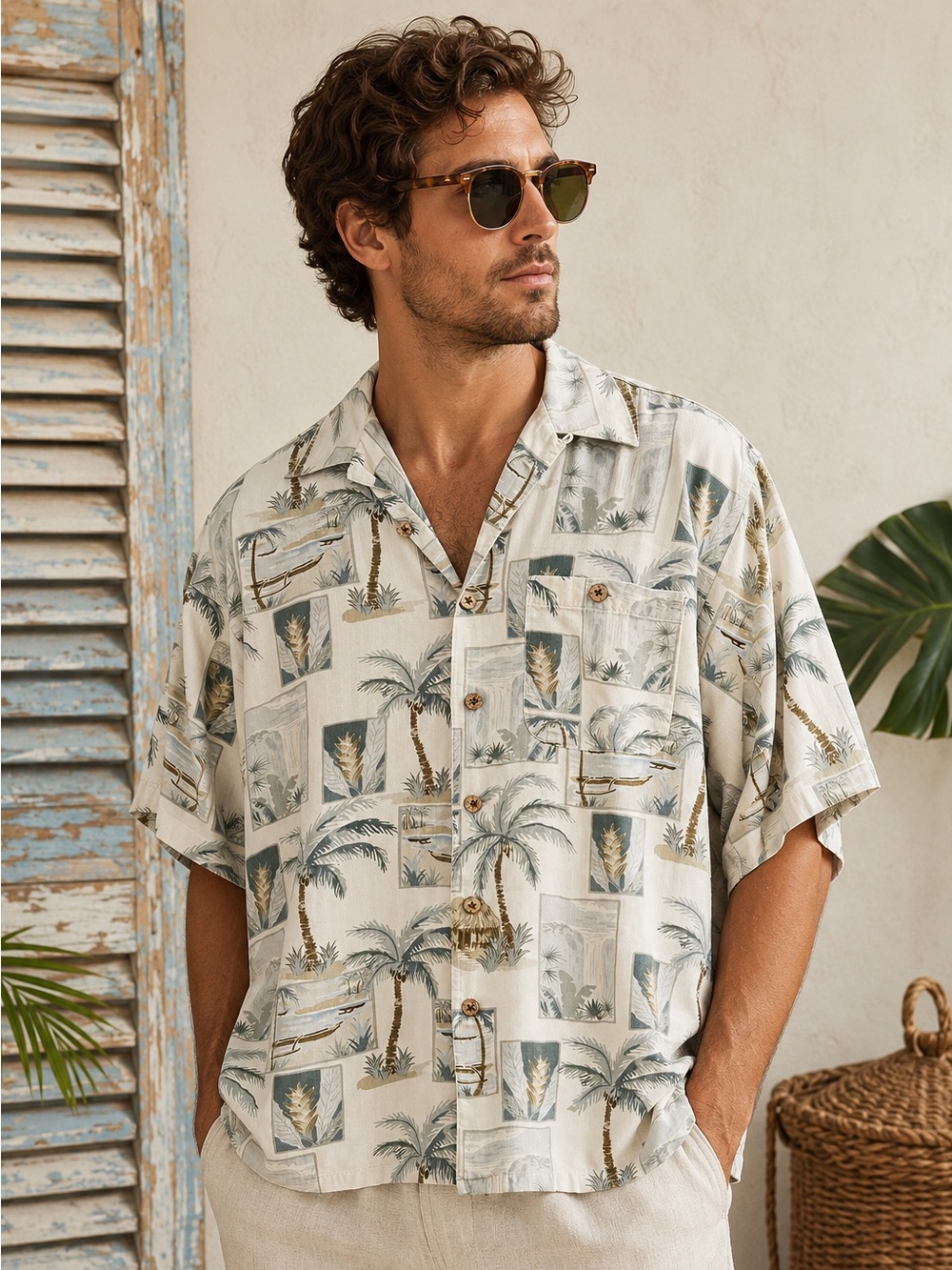 Banana Cabana 100% Silk Hawaiian Camp Shirt XXL Tropical Palm Print Coastal Y2K